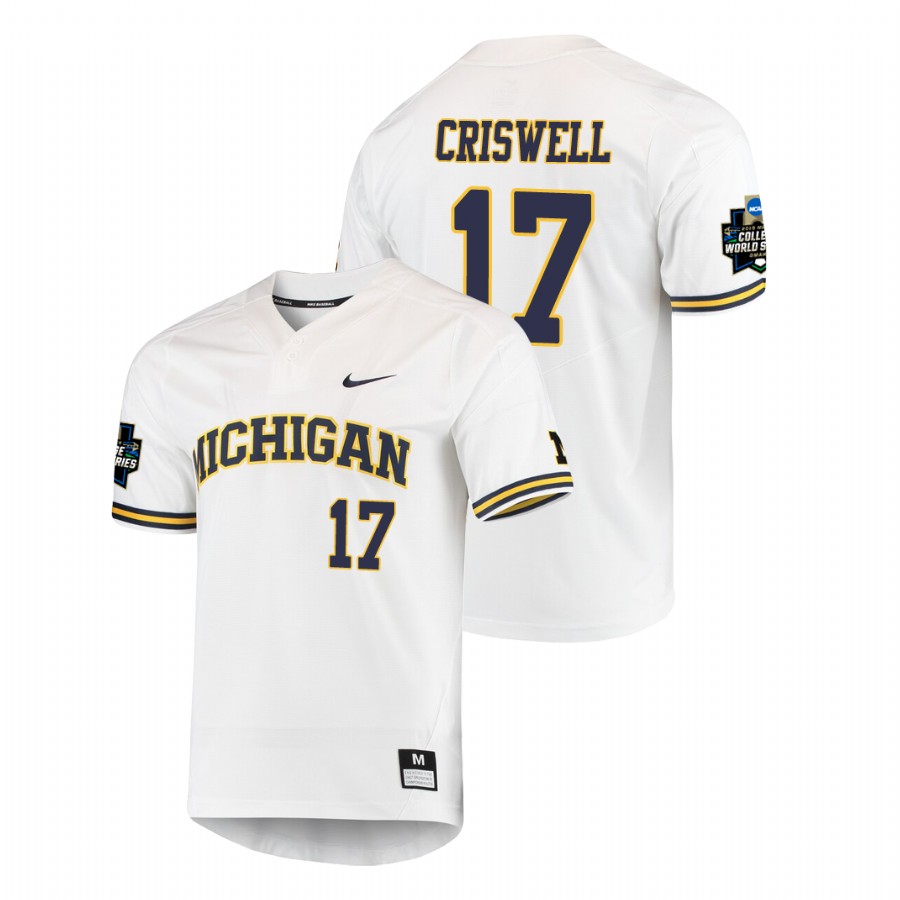 Men's Michigan Wolverines White Jeff Criswell 2019 NCAA Baseball College World Series Jersey 