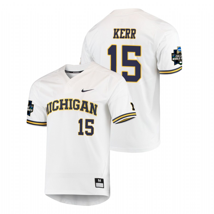 Men's Michigan Wolverines White Jimmy Kerr 2019 NCAA Baseball College World Series Jersey 