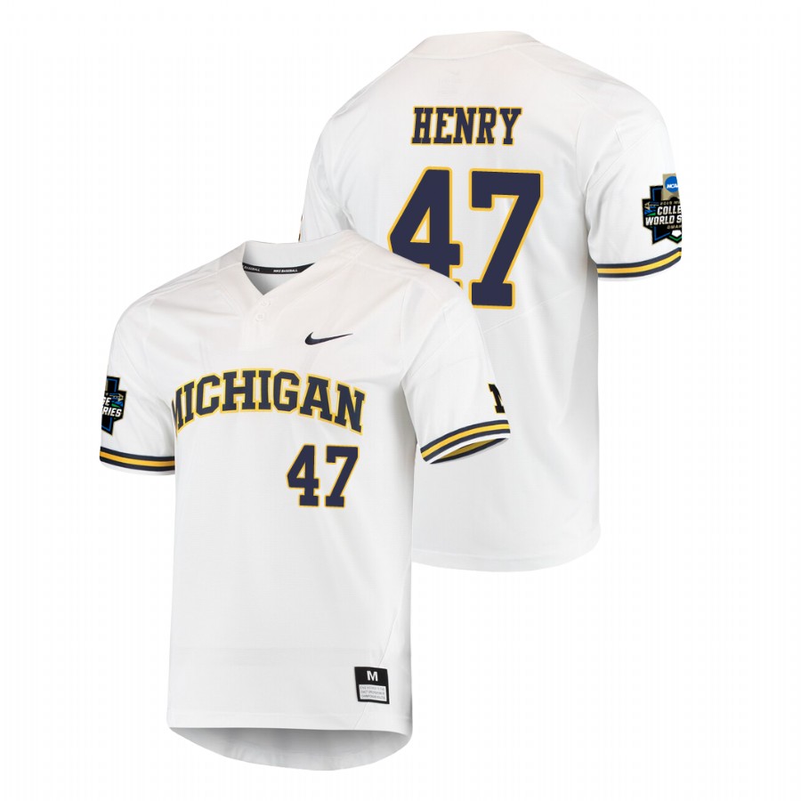 Men's Michigan Wolverines White Tommy Henry 2019 NCAA Baseball College World Series Jersey 