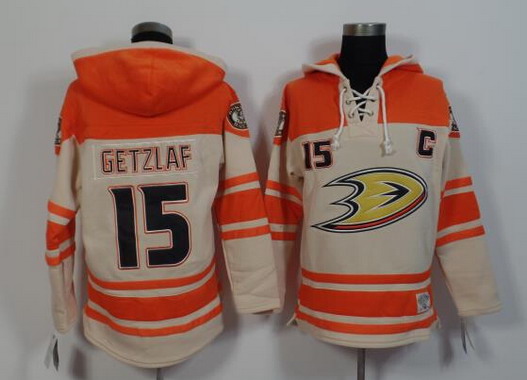 Men's Mighty Ducks Of Anaheim #15 Ryan Getzlaf Old Time Hockey Cream Hoodie Stitched