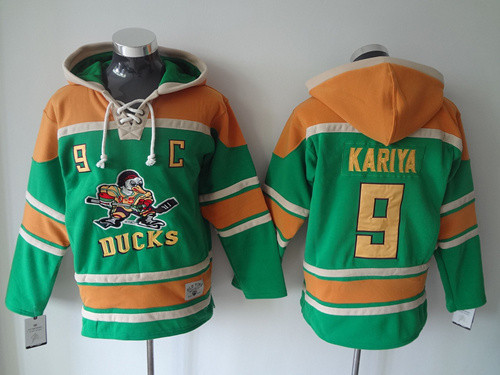 Men's Mighty Ducks Of Anaheim #9 Paul Kariya 1991-92 Green Old Time Hockey Hoodie Stitched