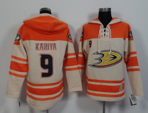 Men's Mighty Ducks Of Anaheim #9 Paul Kariya Old Time Hockey Cream Hoodie Stitched