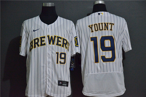 Men's Milwaukee Brewers #19 Robin Yount Home White Pinstripe Stitched Nike MLB Flex Base Jersey