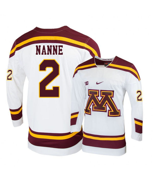 Men's Minnesota Golden Gophers #2 Tyler Nanne Nike White College Hockey Jersey
