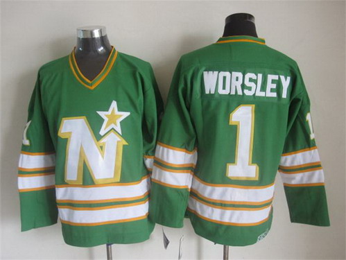 Men's Minnesota North Stars #1 Gump Worsley 1977-78 Green CCM Vintage Throwback Jersey Stitched