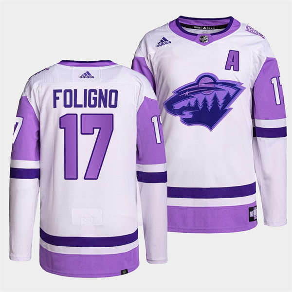 Men's Minnesota Wild #17 Marcus Foligno 2021-22 White Purple Hockey Fights Cancer Primegreen Jersey Stitched