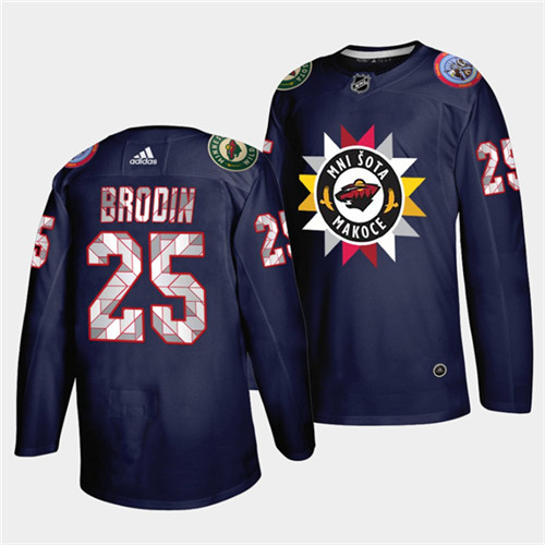 Men's Minnesota Wild #25 Jonas Brodin 2021 22 Navy Native American Heritage Day Stitched Jersey