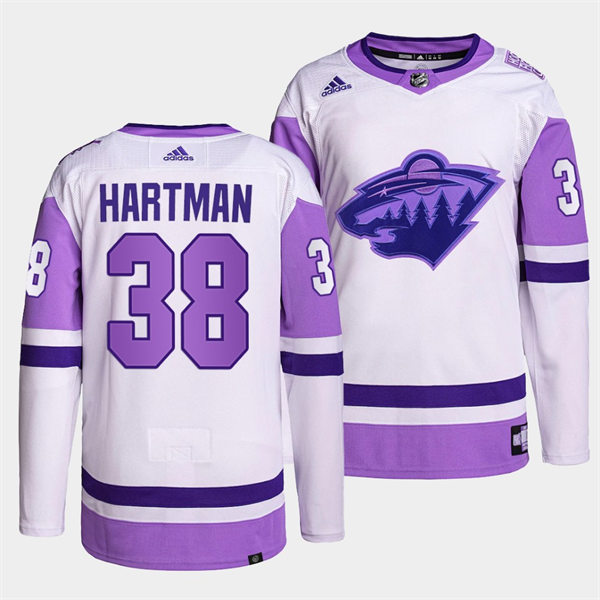 Men's Minnesota Wild #38 Ryan Hartman 2021-22 White Purple Hockey Fights Cancer Primegreen Jersey Stitched