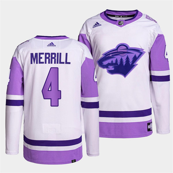 Men's Minnesota Wild #4 Jon Merrill 021-22 White Purple Hockey Fights Cancer Primegreen Jersey Stitched