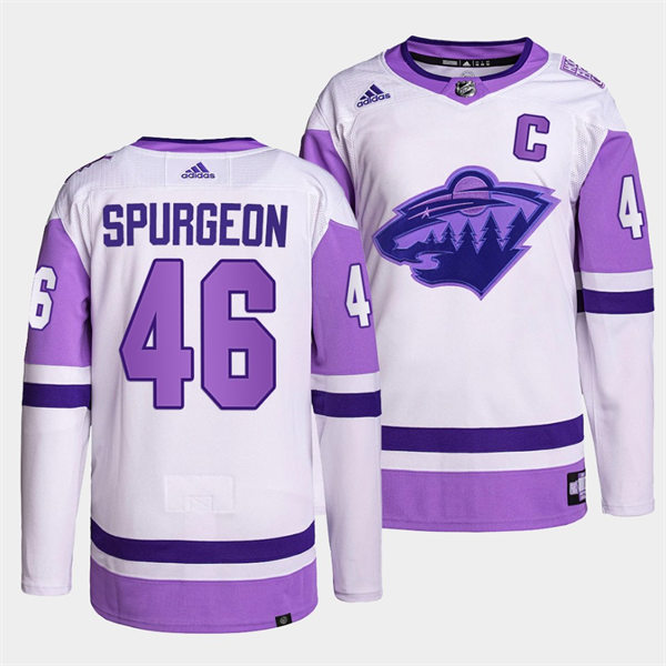 Men's Minnesota Wild #46 Jared Spurgeon 2021-22 White Purple Hockey Fights Cancer Primegreen Jersey Stitched