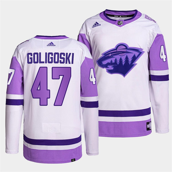 Men's Minnesota Wild #47 Alex Goligoski 2021-22 White Purple Hockey Fights Cancer Primegreen Jersey Stitched