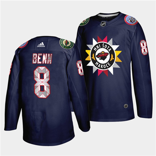 Men's Minnesota Wild #8 Jordie Benn 2021 22 Navy Native American Heritage Day Stitched Jersey