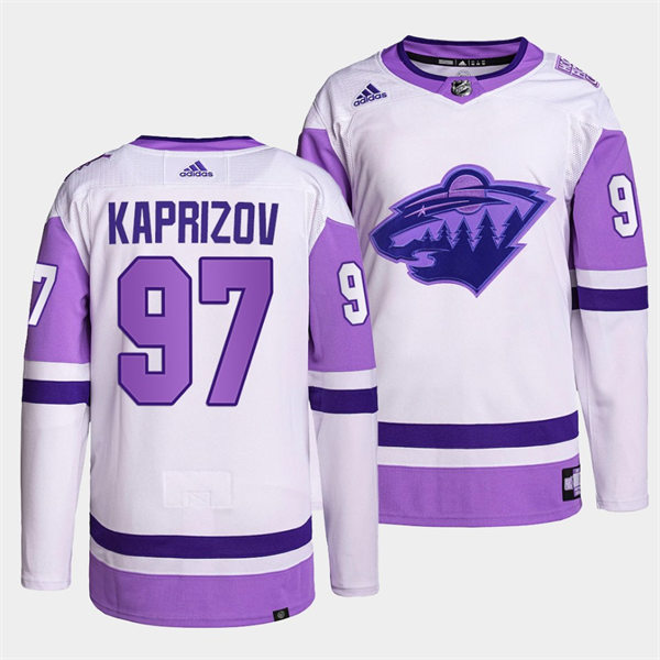 Men's Minnesota Wild #97 Kirill Kaprizov 2021-22 White Purple Hockey Fights Cancer Primegreen Jersey Stitched
