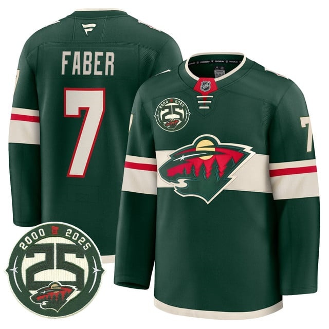 Men's Minnesota Wild 25th Anniversary Patch Premium Jersey - All Stitched Brock Faber 7