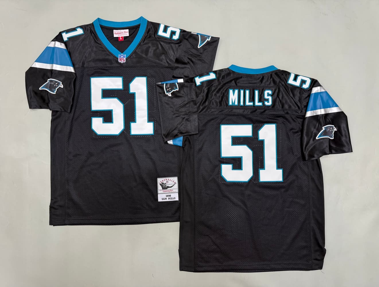 Men's Mitchell & Ness Sam Mills Black Carolina Panthers Legacy Replica  Jersey