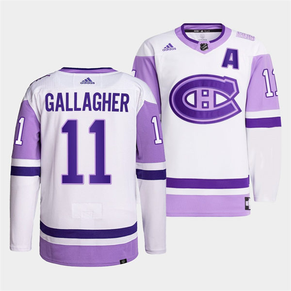 Men's Montreal Canadiens #11 Brendan Gallagher 2021-22 White Purple Hockey Fights Cancer Primegreen Jersey Stitched