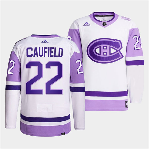 Men's Montreal Canadiens #22 Cole Caufield 2021-22 White Purple Hockey Fights Cancer Primegreen Jersey Stitched