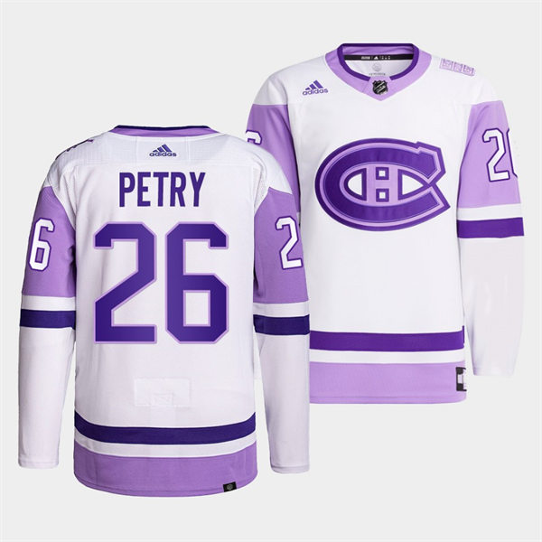 Men's Montreal Canadiens #26 Jeff Petry 2021-22 White Purple Hockey Fights Cancer Primegreen Jersey Stitched