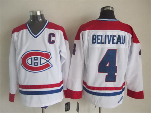 Men's Montreal Canadiens #4 Jean Beliveau White CCM Vintage Throwback Jersey Stitched