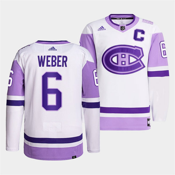 Men's Montreal Canadiens #6 Shea Weber 2021-22 White Purple Hockey Fights Cancer Primegreen Jersey Stitched