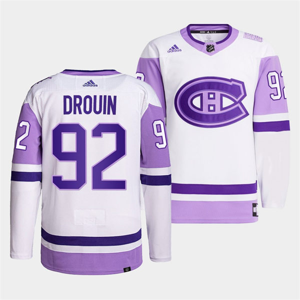 Men's Montreal Canadiens #92 Jonathan Drouin 2021-22 White Purple Hockey Fights Cancer Primegreen Jersey Stitched