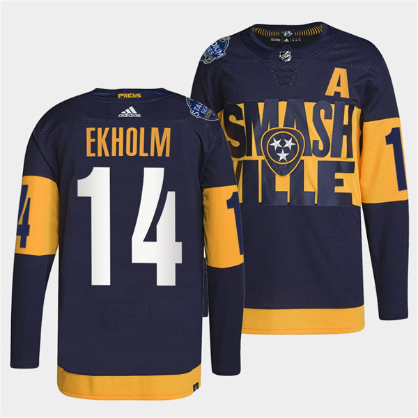 Men's Nashville Predators #14 Mattias Ekholm Adidas Navy Stitched 2022 Stadium Series Jersey Stitched