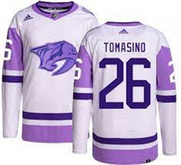 Men's Nashville Predators #26 Philip Tomasino White Purple Hockey Fights Cancer Primegreen Jersey Stitched