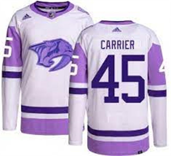 Men's Nashville Predators #45 Alexandre Carrier White Purple Hockey Fights Cancer Primegreen Jersey Stitched
