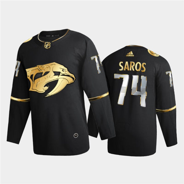 Men's Nashville Predators #74 Juuse Saros Adidas Black Golden Limited Edition Jersey Stitched