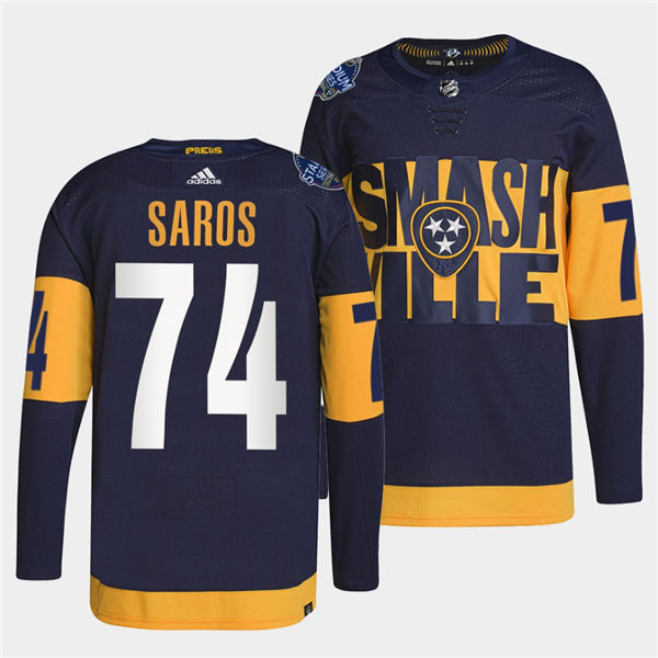 Men's Nashville Predators #74 Juuse Saros Adidas Navy Stitched 2022 Stadium Series Jersey Stitched