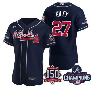 Men's Navy Atlanta Braves #27 Austin Riley Swanson 2021 World Series Champions With 150th Anniversary Flex Base Stitched Jersey