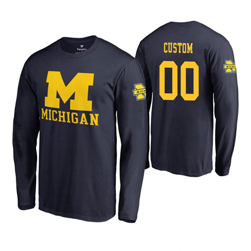 Men's Navy Michigan Wolverines #00 Custom Long Sleeve T-Shirt