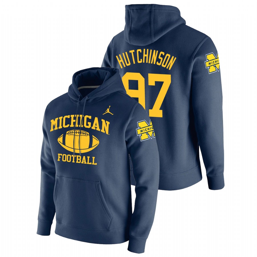 Men's Navy Michigan Wolverines Aidan Hutchinson Retro Football Pullover Hoodie