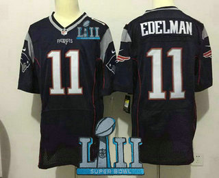 Men's New England Patriots #11 Julian Edelman NEW Navy Blue 2018 Super Bowl LII Patch Team Color Stitched NFL Nike Elite Jersey