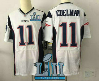 Men's New England Patriots #11 Julian Edelman NEW White 2018 Super Bowl LII Patch Road Stitched NFL Nike Elite Jersey