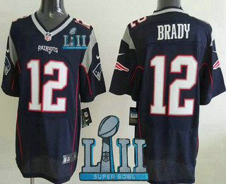 Men's New England Patriots #12 Tom Brady NEW Navy Blue 2018 Super Bowl LII Patch Team Color Stitched NFL Nike Elite Jersey