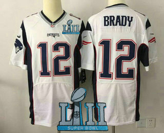 Men's New England Patriots #12 Tom Brady NEW White 2018 Super Bowl LII Patch Road Stitched NFL Nike Elite Jersey