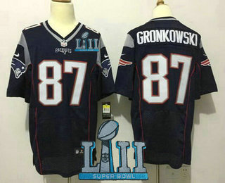 Men's New England Patriots #87 Rob Gronkowski NEW Navy Blue 2018 Super Bowl LII Patch Team Color Stitched NFL Nike Elite Jersey