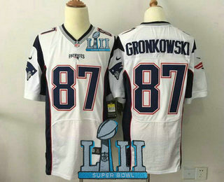 Men's New England Patriots #87 Rob Gronkowski NEW White 2018 Super Bowl LII Patch Road Stitched NFL Nike Elite Jersey