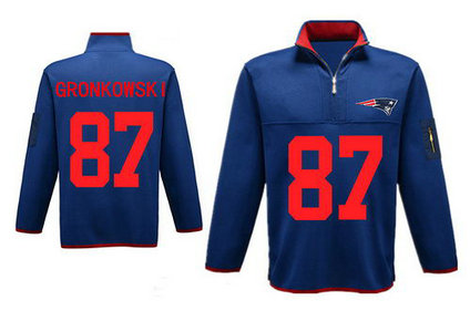 Men's New England Patriots 87 Rob Gronkowski Antigua Charcoal Fortune Sweater Knit Microfleece Quarter-Zip Pullover Blue Jacket