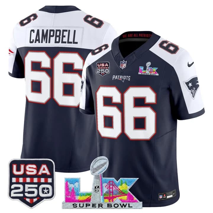 Men's New England Patriots Super Bowl LX & United States 250th Anniversary Patch Vapor Limited Jersey - All #66 Will Campbell