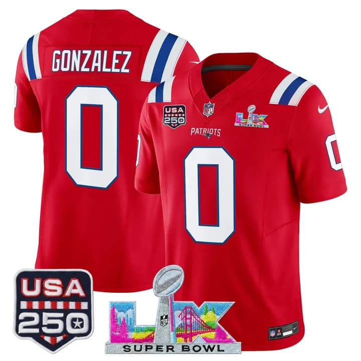 Men's New England Patriots Super Bowl LX & United States 250th Anniversary Patch Vapor Limited Jersey - All 0  Christian Gonzalez