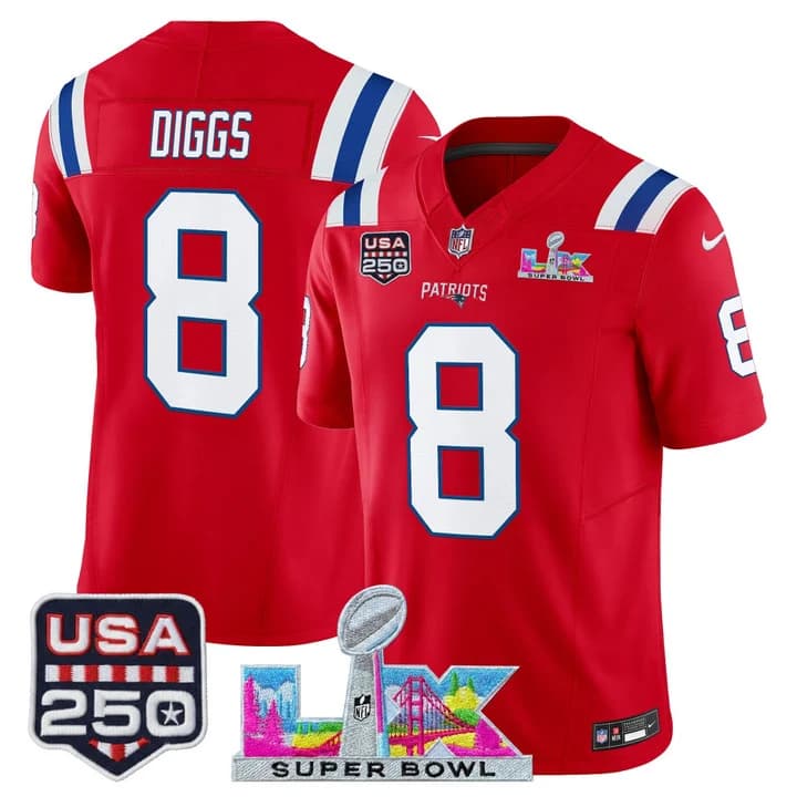 Men's New England Patriots Super Bowl LX & United States 250th Anniversary Patch Vapor Limited Jersey - All 8 Stefon Diggs