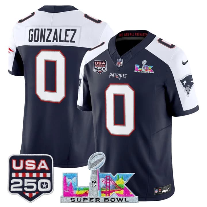 Men's New England Patriots Super Bowl LX & United States 250th Anniversary Patch Vapor Limited Jersey - All Christian  Gonzalez 0