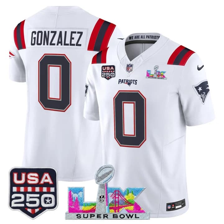 Men's New England Patriots Super Bowl LX & United States 250th Anniversary Patch Vapor Limited Jersey - All Christian Gonzalez   0