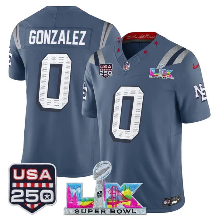 Men's New England Patriots Super Bowl LX & United States 250th Anniversary Patch Vapor Limited Jersey - All Christian Gonzalez 0