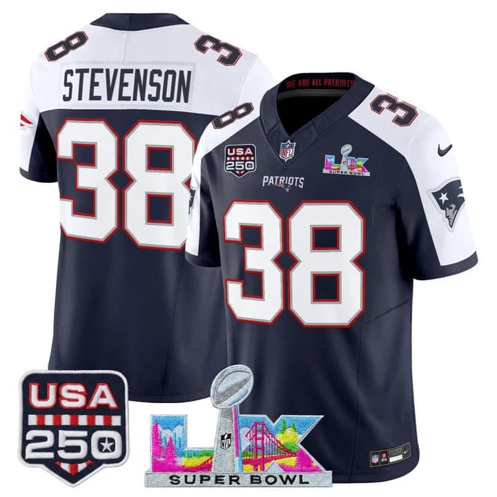 Men's New England Patriots Super Bowl LX & United States 250th Anniversary Patch Vapor Limited Jersey - All Rhamondre Stevenson     38