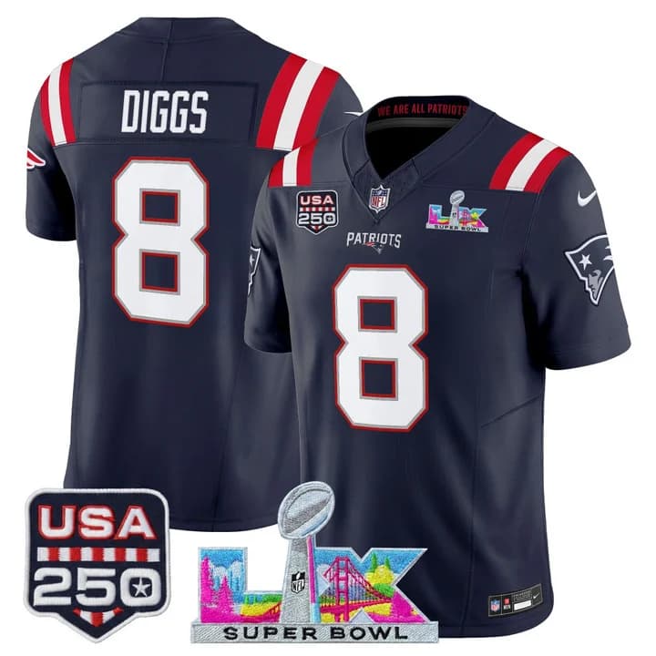 Men's New England Patriots Super Bowl LX & United States 250th Anniversary Patch Vapor Limited Jersey - All Stefon Diggs    8