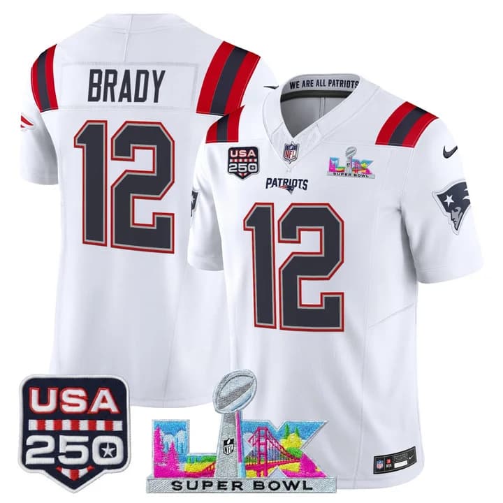 Men's New England Patriots Super Bowl LX & United States 250th Anniversary Patch Vapor Limited Jersey - All Tom Brady  12