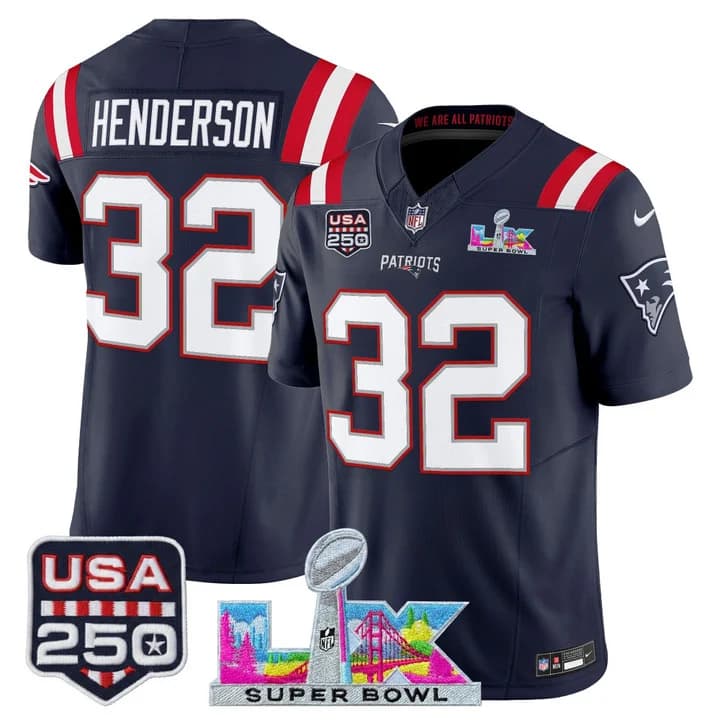 Men's New England Patriots Super Bowl LX & United States 250th Anniversary Patch Vapor Limited Jersey - All TreVeyon Henderson  32